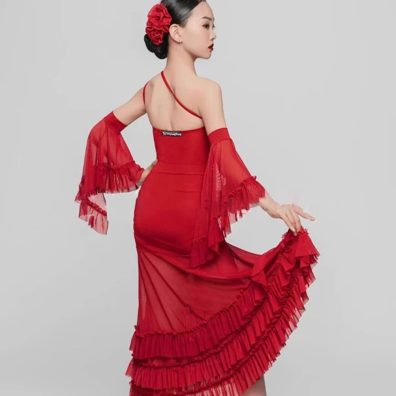 

Large size sexy Latin dance performance red dress women's spring and summer new balldance dress tango clothing dance d dress