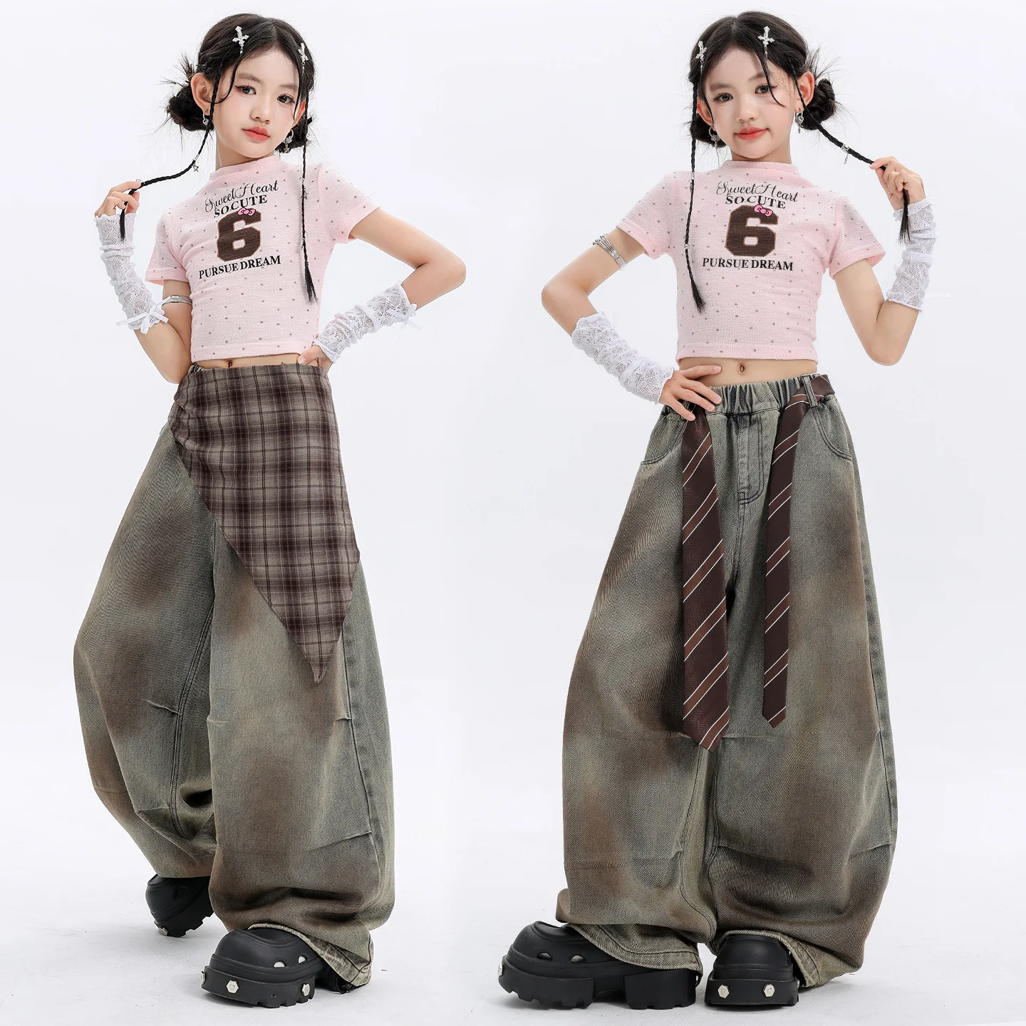 Girls K-pop Fashion Pink Star Crop Top Chocolate Jeans Kids Hip Hop Streetwear Costumes Children Jazz Girl Group Clothes Sets