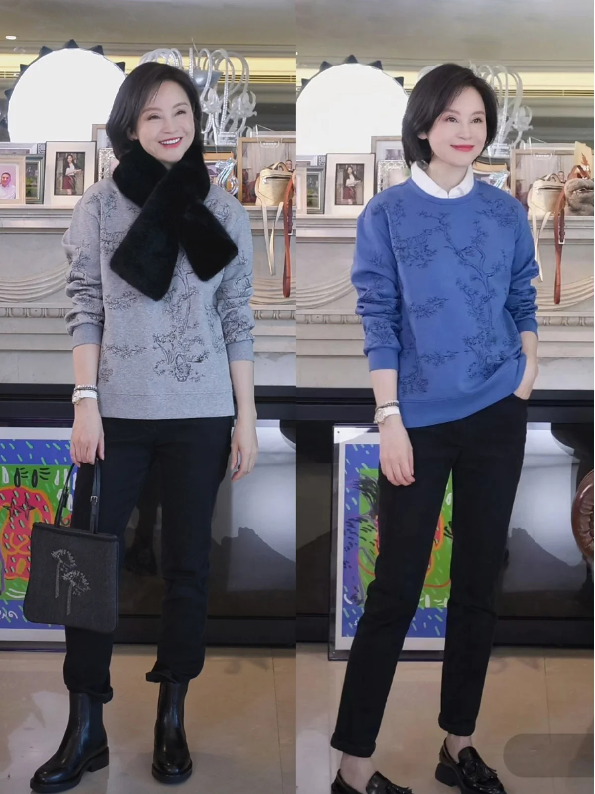 

Теплая и стильная толстовка с длинными рукавами и круглым вырезом, из хлопкового трикотажа с воздушной прослойкой, модная, с вышивкой синей баухинии