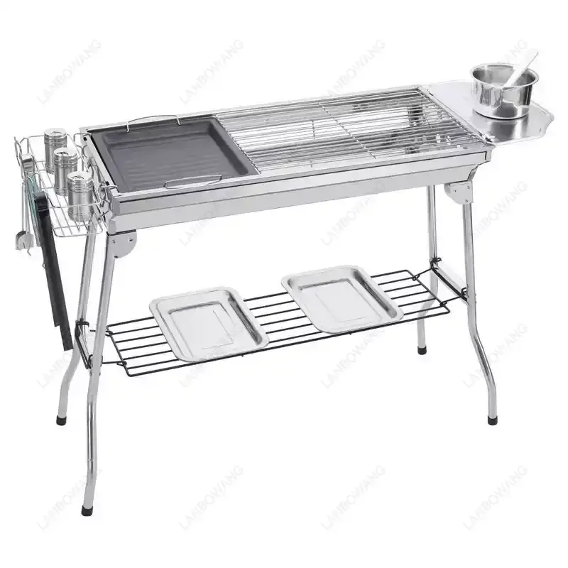 Portable Folding Charcoal BBQ Grill, Heavy Duty Stainless Steel Stand Outdoor Camping Grilling Equipment