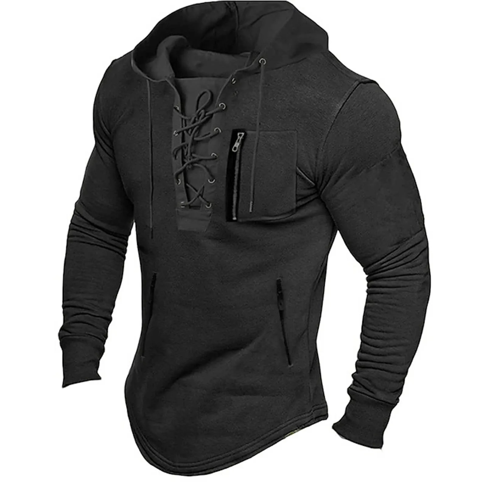 Autumn Lace Up Vintage Hoodie for Men Fashion Oversized Men‘s Clothing Casual Sweatshirt Long Sleeve Medieval Fit Pullover Tops