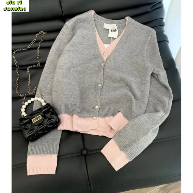 

Women's Spring and Autumn V-neck Fake Two Piece Knitted Cardigan Soft Sticky Sweater Coat Top