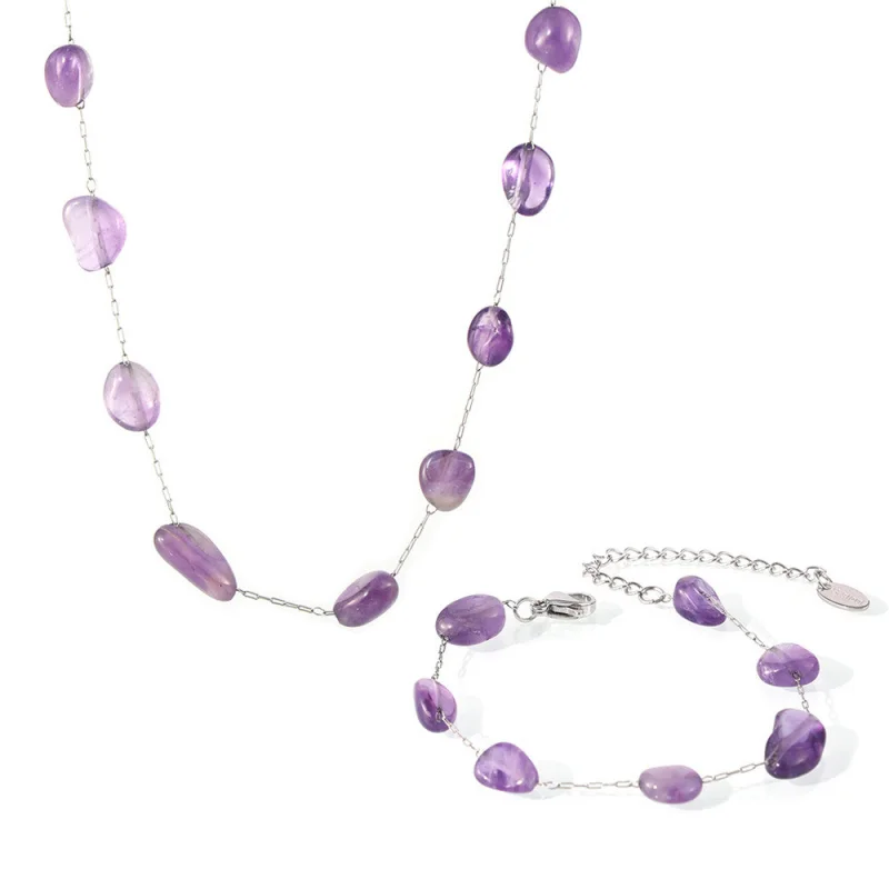 【Mirrordust】سوار من الحجر الطبيعي الأرجواني غير المنتظم على الطراز البوهيمي وقلادة على شكل عظمة الترقوة مجموعة فاخرة خفيفة للنساء