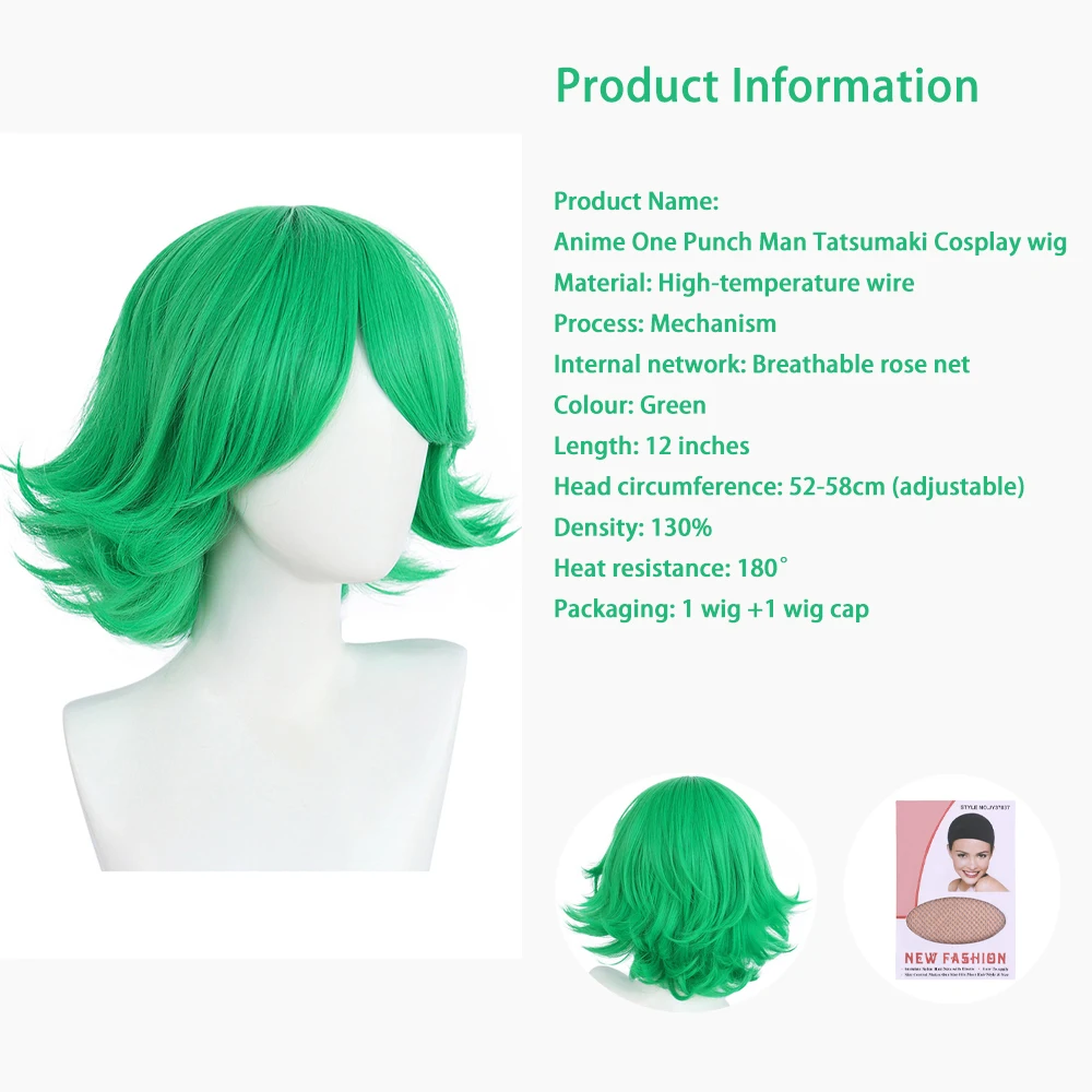 อนิเมะวันพันช์แมน ‌ ‌   ทัตสึมากิคอสเพลย์ผมสังเคราะห์ 12 นิ้วสีเขียวผมหยิกขึ้นไปด้านบนวิกผมฮาโลวีนทุกวันทนความร้อน