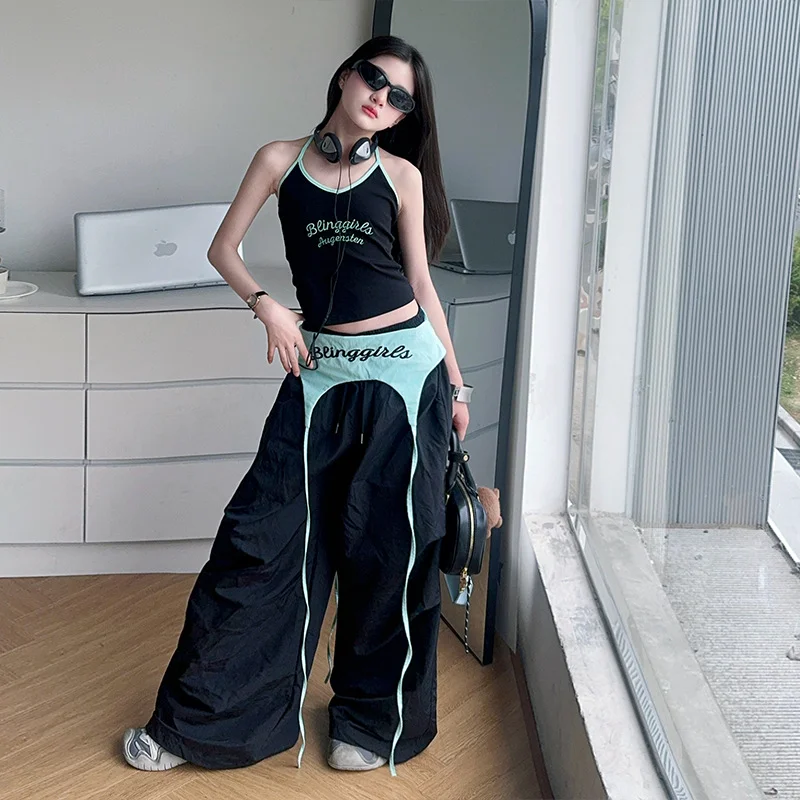 กางเกงพาราชูทผู้หญิง สไตล์อเมริกัน ผ้ากำมะหยี่ทรงหลวม สำหรับเต้นรำ กิจกรรมกลางแจ้ง สไตล์กรันจ์ แฟชั่นฮาโลวีน ลายปะติด