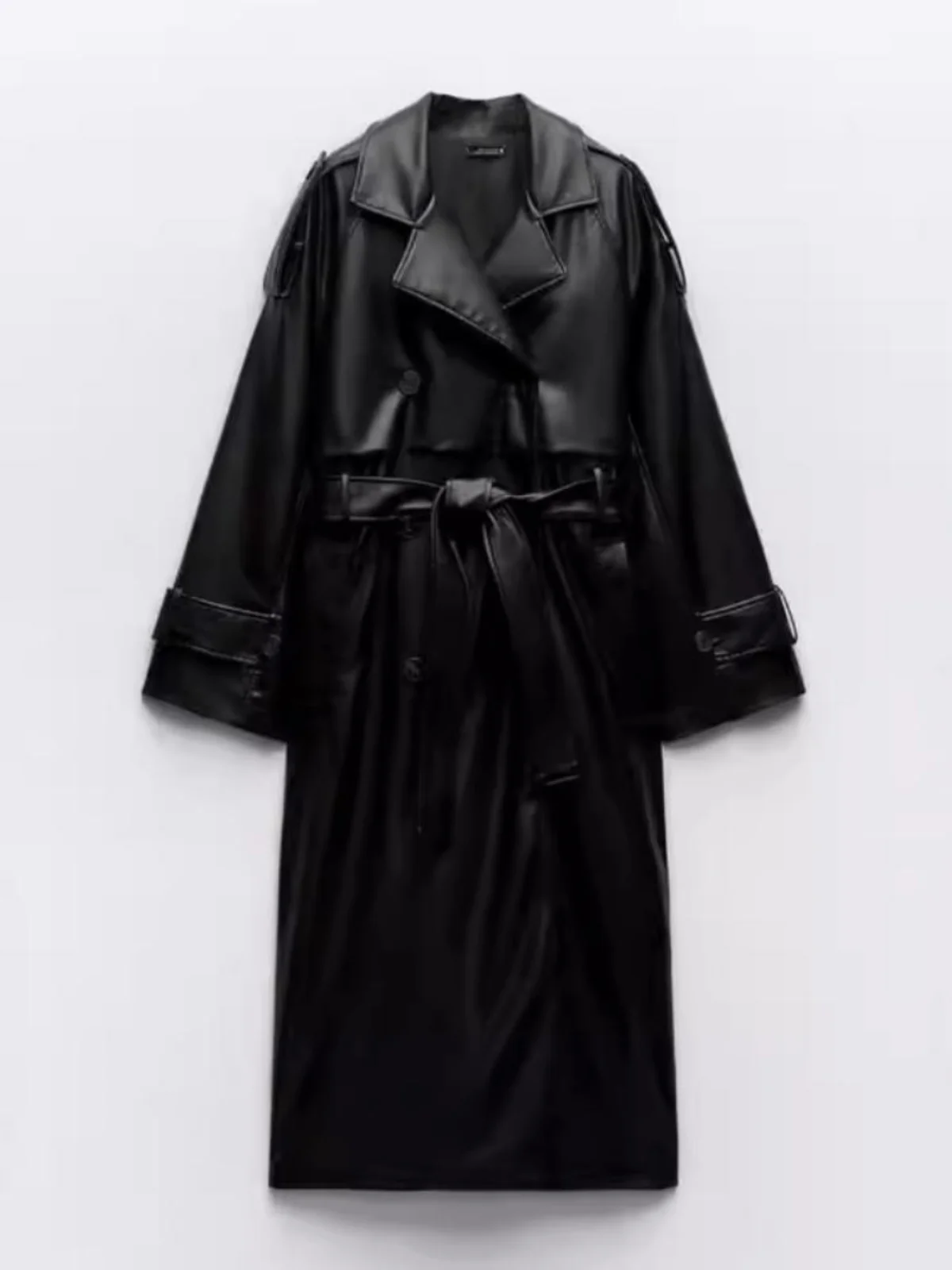 

New 2025 Spring Autumn Women's Long Loose Leatherette Coat Bla Commute Faion High-End Feelings Fem Outerwear