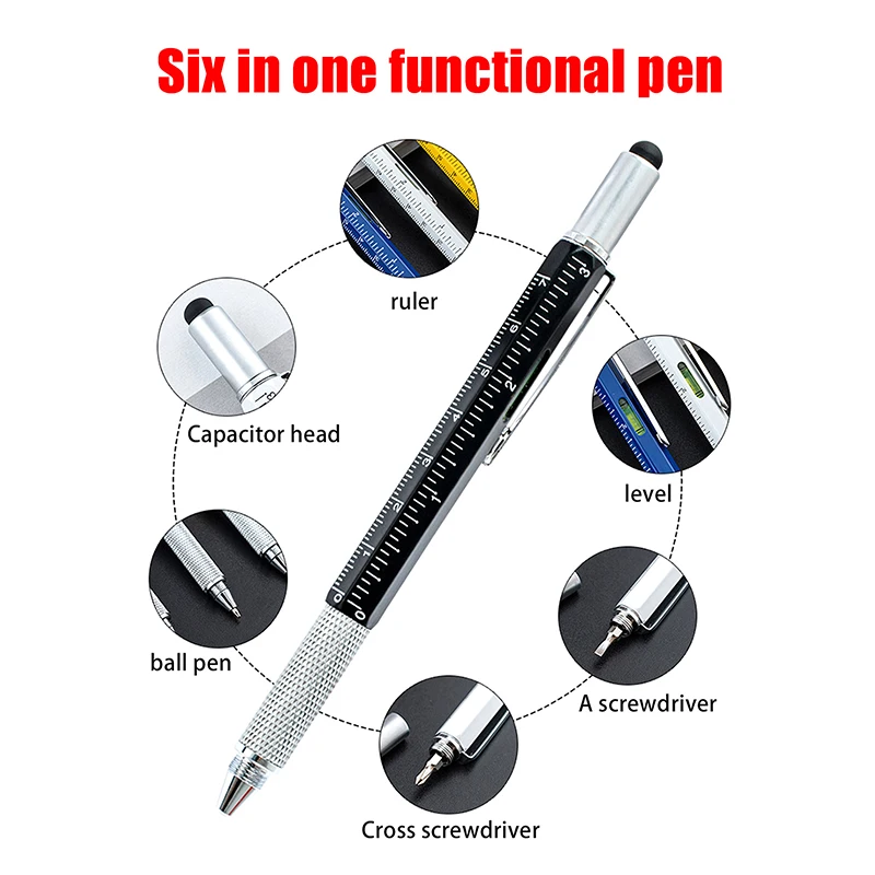 

1PCS 6 In 1 Multirole Ballpoint Pen Measure Ruler Screwdriver Touch Screen Stylus Pen Spirit Level Metal Tool Gift Stationery