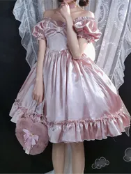 Philosophy Women Vintage Princess Dress Satin Silky Lace Ruffles Bow Party Lolita Dress 2023 Kawaii Sweet Pink Dress Summer Chic