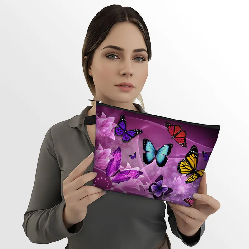 Colorful Butterfly Petal Print Cosmetic Bag Insect Flower Women Makeup Bag Lipstick Organizer Toiletry Bag Zipper Pouch Gift