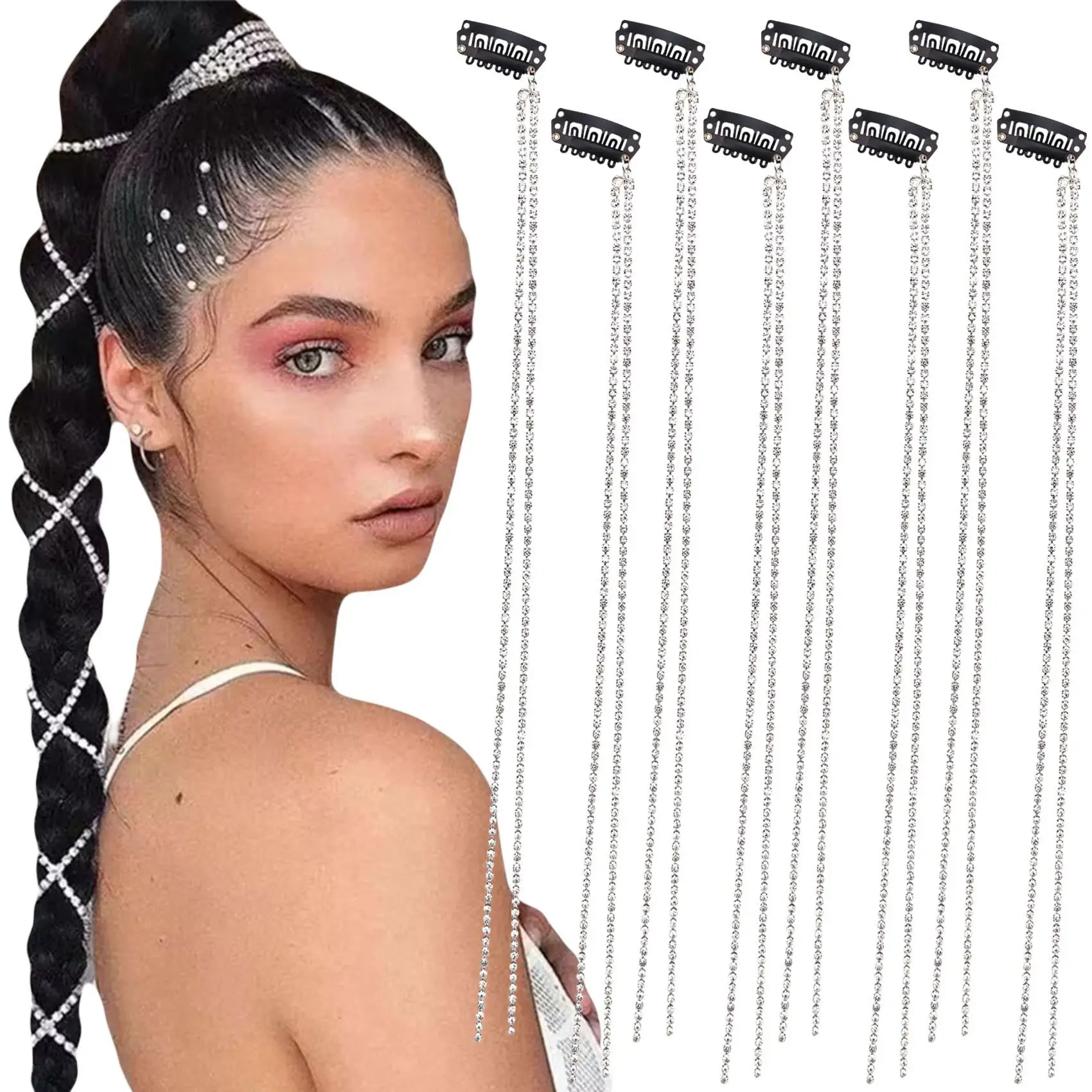 8Pcs/Lot Flash Drill Chain Tassel Hairpin Rhinestone Braid Dreadlocks Headbands Hair Clip Accessories Tools HA2656