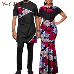 African Dresses for Women Matching Couple Outfits Bazin Riche Dashiki Slim Tassel Print Long Dresses for Party Vestidos Y23C009