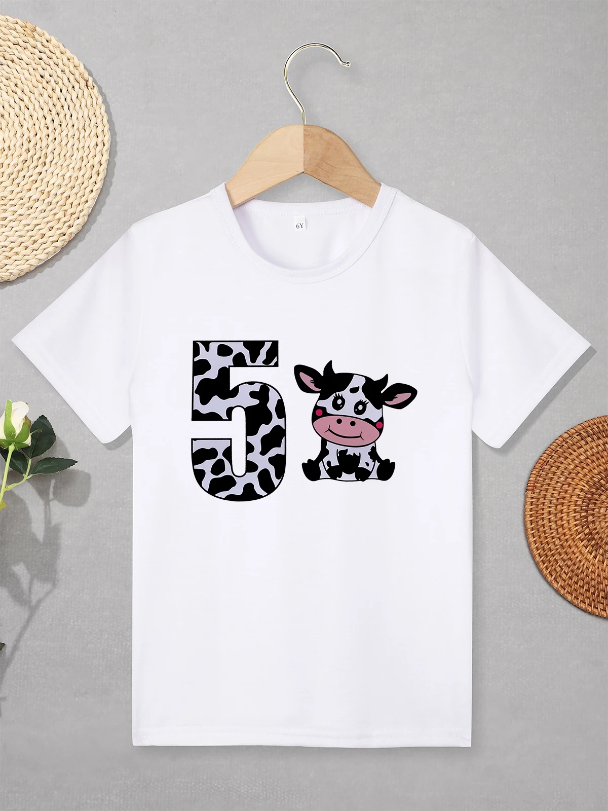 5 Years Kids Cute Cow Cartoon Pattern T Shirt Birthday Children's Clothing for Boy Girl Stylish Home Casual Versatile Tops