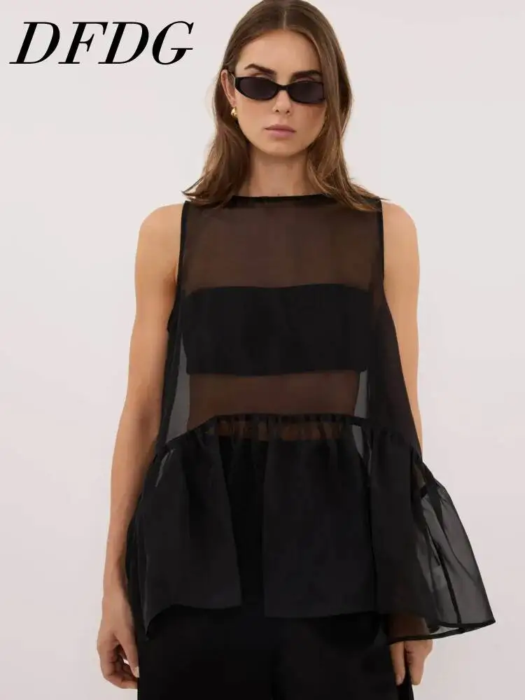 

DFDG Women 2026 Spring Summer Sheer Mesh Sleeveless Blouse Round Neck Ruffle Hem Casual Fashion Layered Fashion Blouse