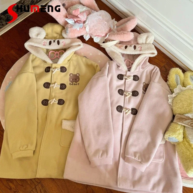 

New Japanese Style Sweet Cute Winter New Padded Plush Cartoon Ears Woolen Coat Single-breasted Long Sleeves Pink Color Jaquetas