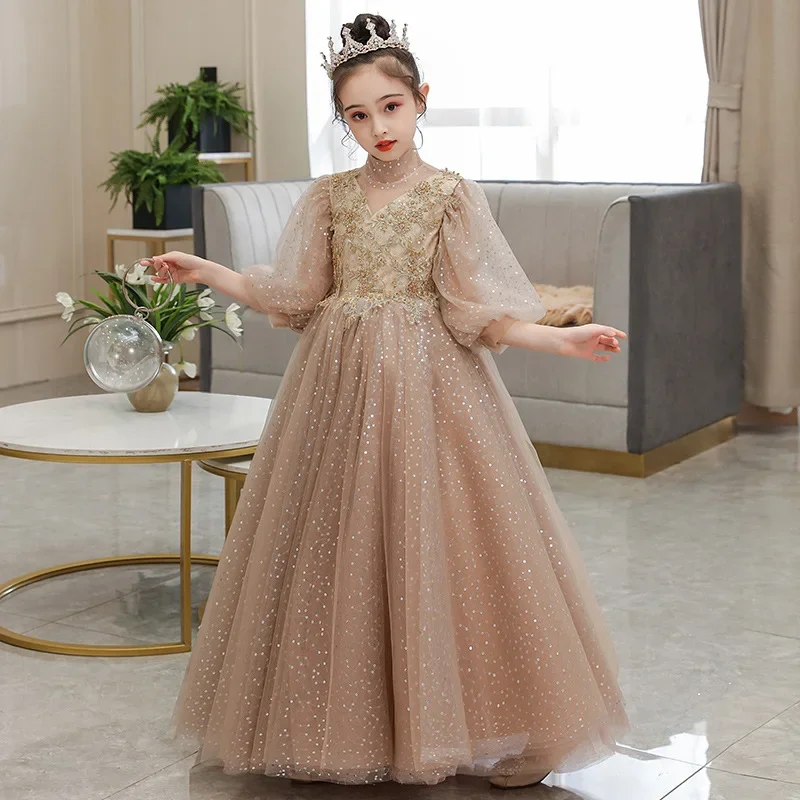 Sequins Evening princess dress first communion dress long girls flower wedding kids ball gown baby fluffy elegant costume 2024