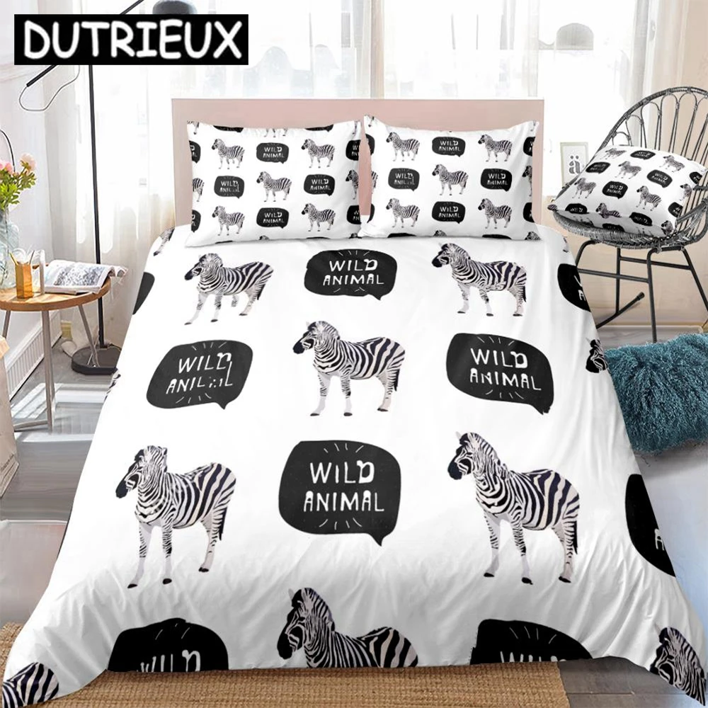 

African Zebra Duvet Cover Set Black White Animal Bedding Kids Boys Girls Horse Quilt Cover Animal Queen Bed Set 3pcs Dropship