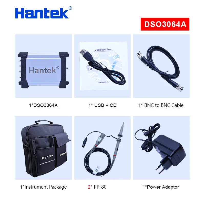 Hantek 4CH Oscyloskopy samochodowe USB 60MHz/Generator przebiegów dowolnych/analiza widma/miernik częstotliwości DSO3064/A