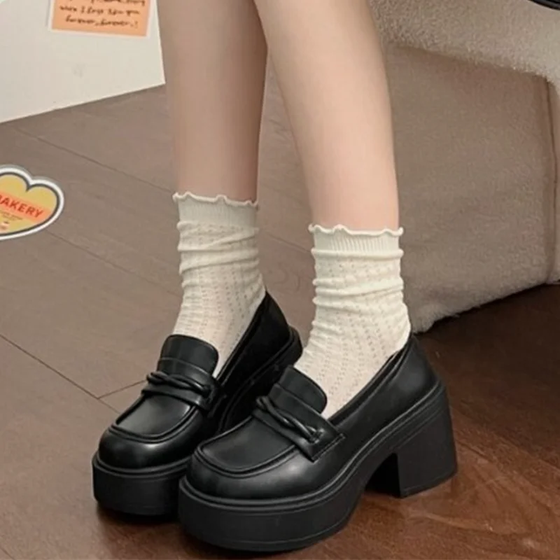 

Женские туфли Мэри Джейн на массивном квадратном каблуке в японском стиле, весенние, черные, из искусственной кожи, модные слипоны