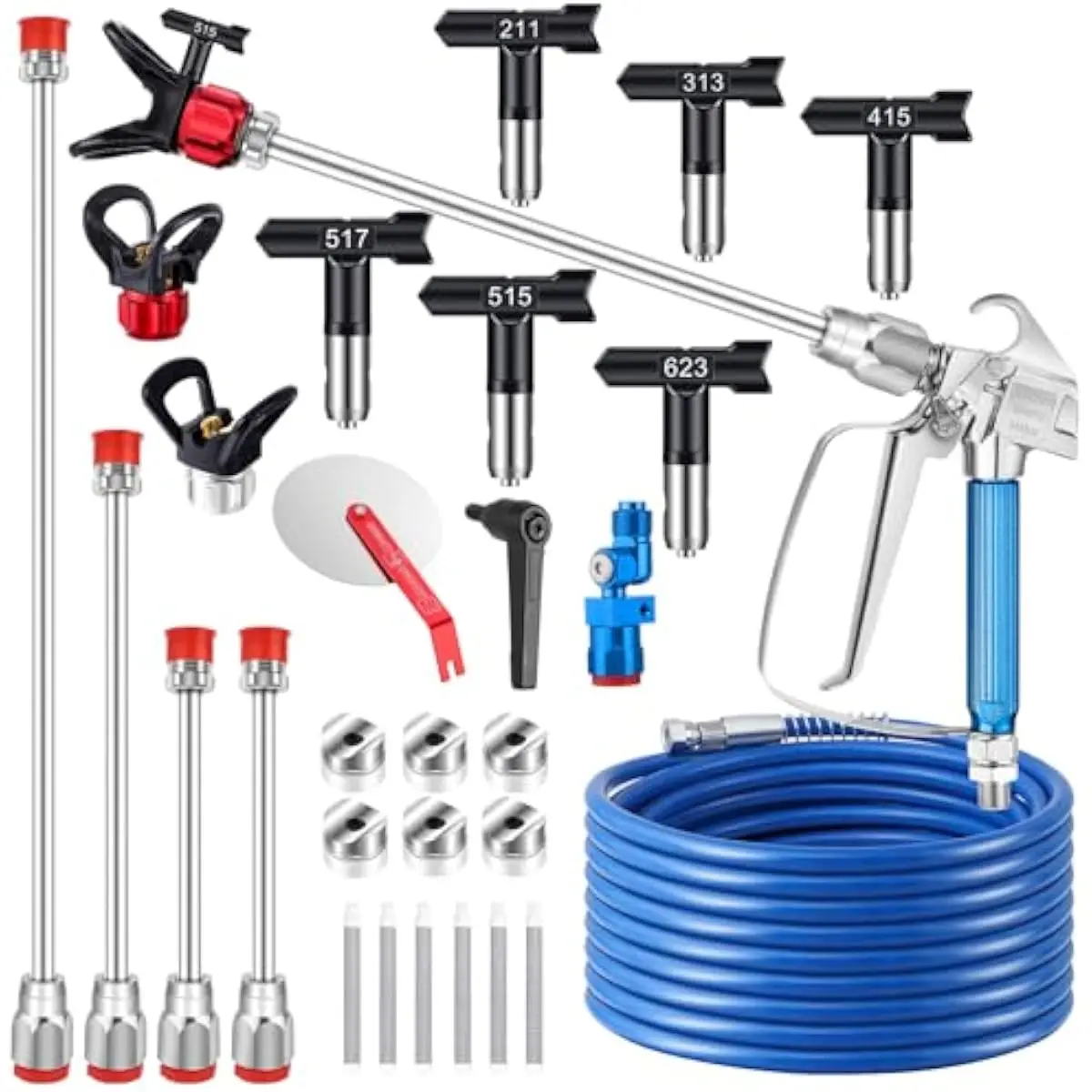 Airless Spray Gun Kit with 50ft High-Pressure Hose 3600 PSI Alloy Steel Construction Black Silver Finish Includes 6 Nozzle Sizes