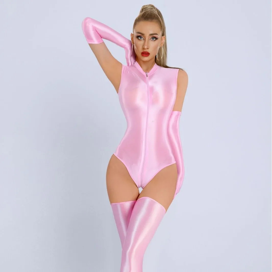 New Glossy Shiny Sleeveless Nylon Catsuit Two Way Zipper Crotch Bodysuit Elastic Tank Body Top Tights Teddies Sukumizu Swimsuit