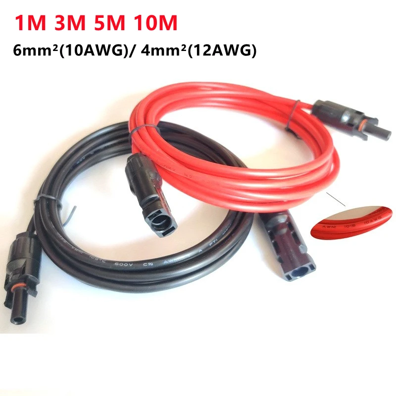 1 Pair Solar Panel Extension Cable Copper Wire 4mm² 6mm² 10AWG 12AWG Black and Red with Solar PV Wires Connectors