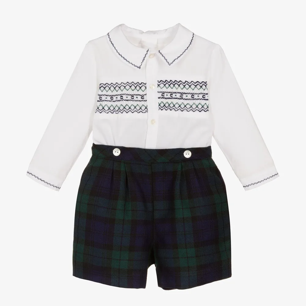Toddler Boys Boutique Clothes Set Baby Autumn Suit Children Long Sleeve White Shirt + Short Plaid Pants Kids Spanish Outfits