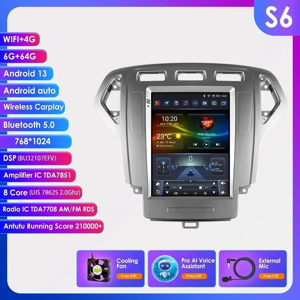 Carplay 4G-LTE Android 14 voor Ford Mondeo 4 2006-2010 9.7 ''Scherm Autoradio Multimedia Video Navigatie GPS Audio