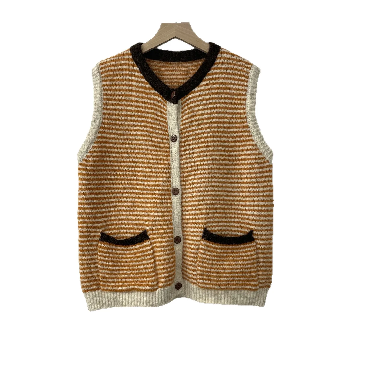

Fabric round Neck Sleeveless College Trend Women's Loose Fit Knitted Vest with Pockets Striped Casual Style Polyester