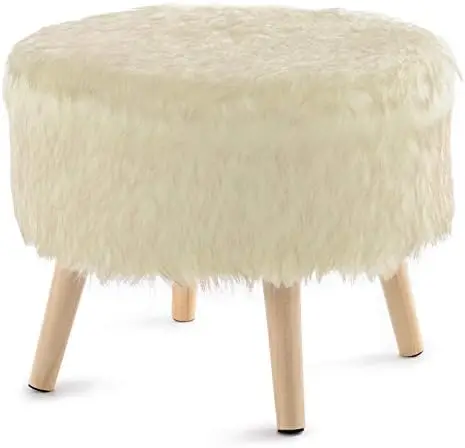 

17" Round Ottoman | Super Soft Decorative Off Faux Fur Foot Stool with Wood Legs Poop stool Portable stool Wooden chair Benches