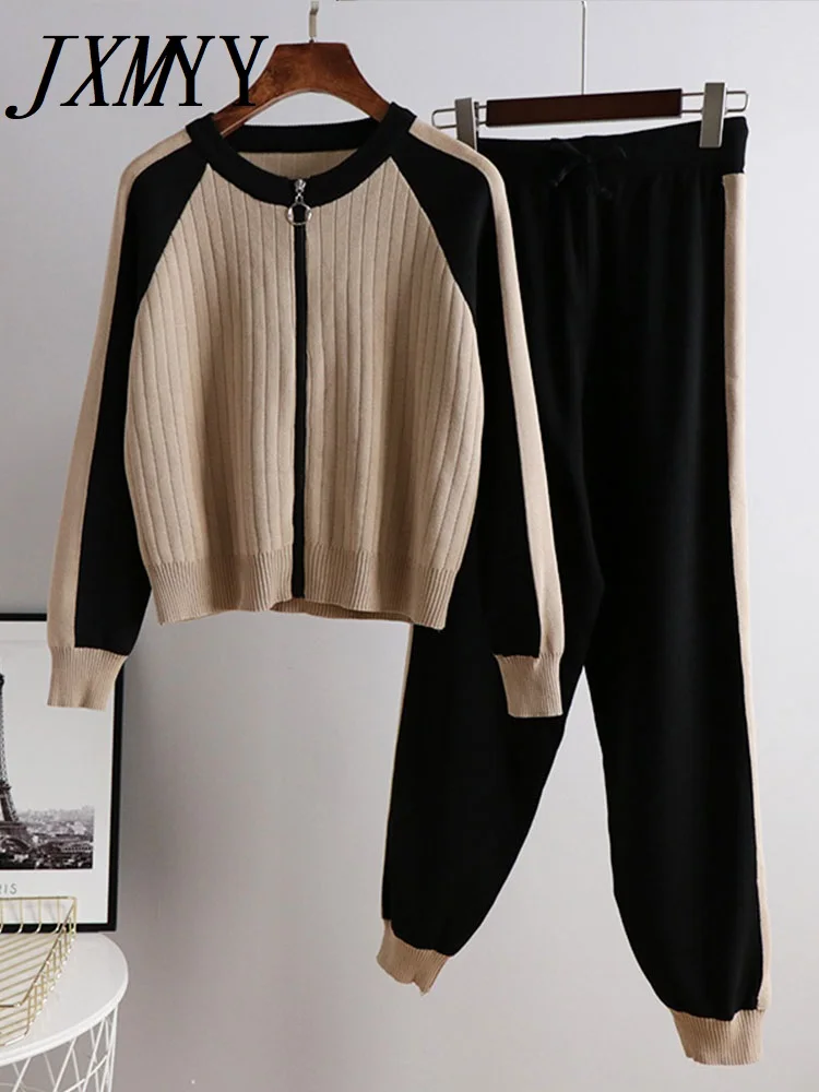 Casual Two-Piece Sweater Cardigan Jacket Women Autumn New Womens Knitted Suit Fashion Baseball Sports Zip Top And Pants Set