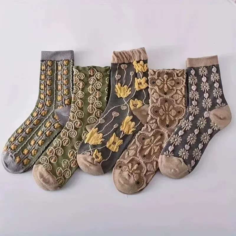 Three-Dimensional Relief Floral  Socks Korean Style Women Retro Ethnic Palace Style Harajuku Art Socks Street Wear