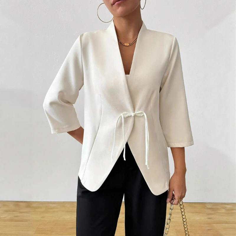 

Women Solid Three Quarter Blazer V Neck Lace Up Cardigan Coats Elegant Regular Tailored Coat Elegant Lady Jackets Summer