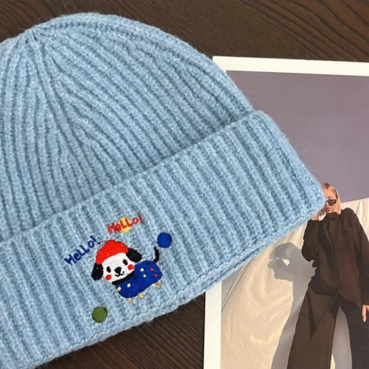Dog Embroidery Beanie Winter Warm Knit Hat Slim Fit for Women Small Face Outdoor Streetwear Trendy Casual Cold Weather Fashion