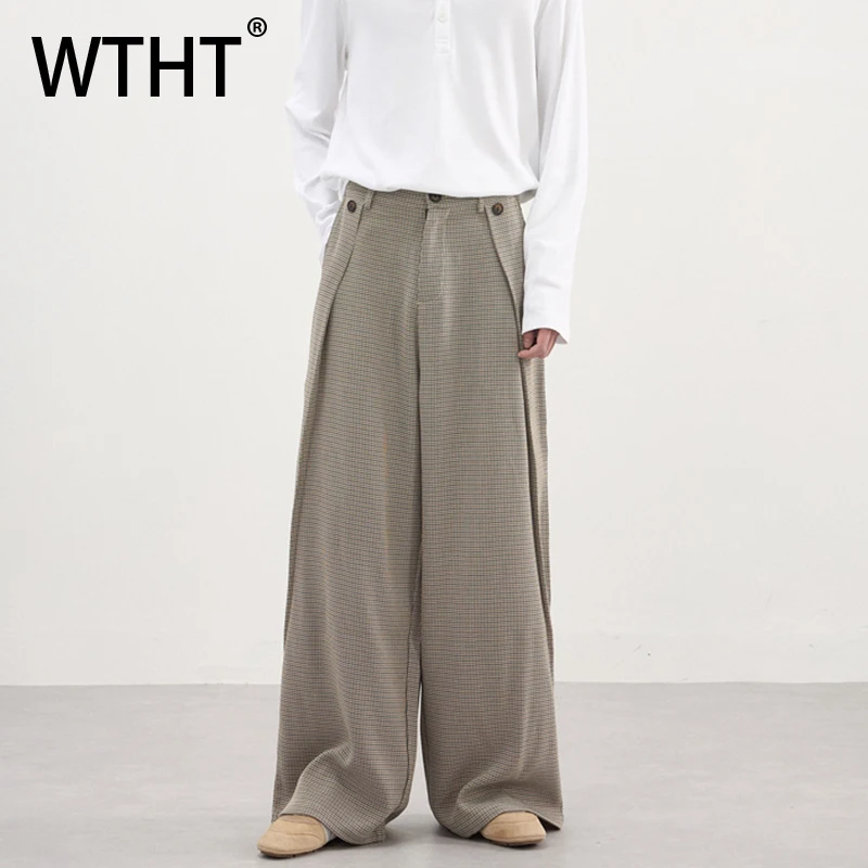 

WTHT Fashion Men's Knit Solid Color Plaid Loose Pleated Pants Trendy Wide Leg Straight Casual Trousers Male 2025 Winter 2A2524