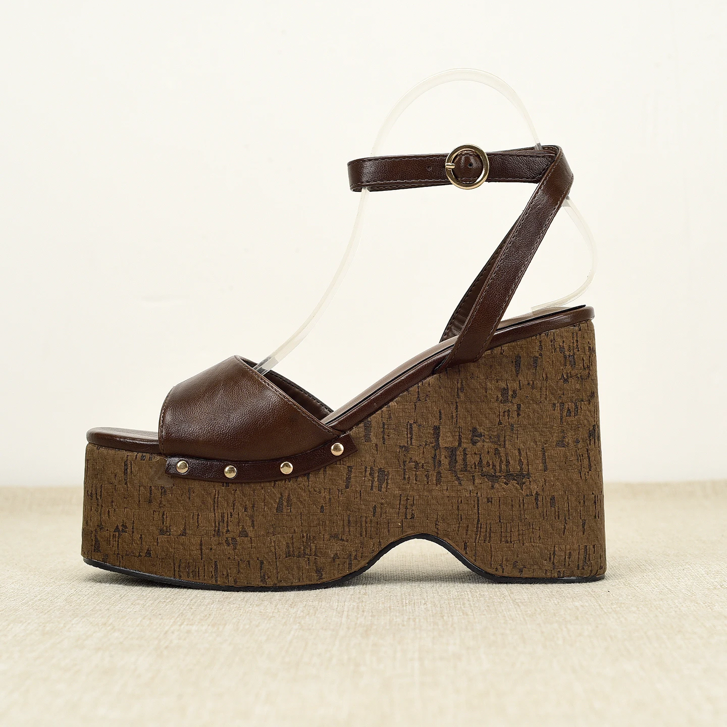 Brown Leather Surface Cork Thick Heel Heightening Sandals Open Toe Rivet Gladiators Summer Fashion Ladies Shoes PU Inner