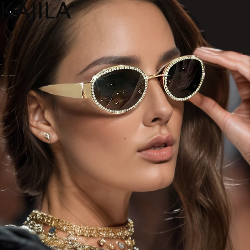 Gafas de sol ovaladas con diamantes de imitación para mujer, lentes de sol de Metal Vintage con montura pequeña, de diseñador de marca de lujo, 2024