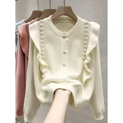 Sweater Knitted Cardigan Women's Spring And Autumn Thin 2023 New Long Sleeve Beaded Round Neck Loose Top