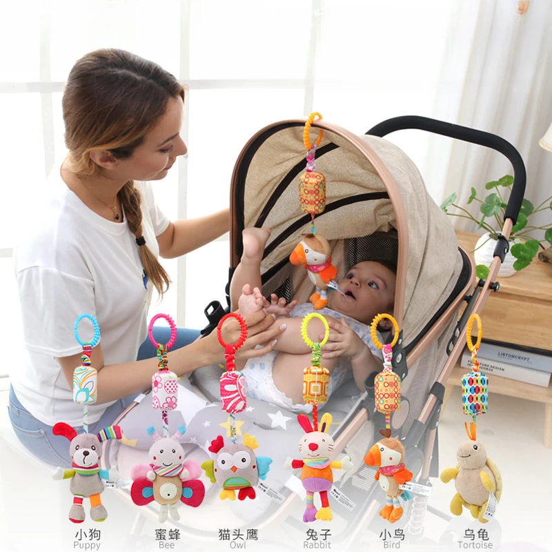 Baby Sensory Hanging Rattles Stroller Infant Car Bedside Bed Crib Animals Stroller Pendant with Teether Toys 0-24Months