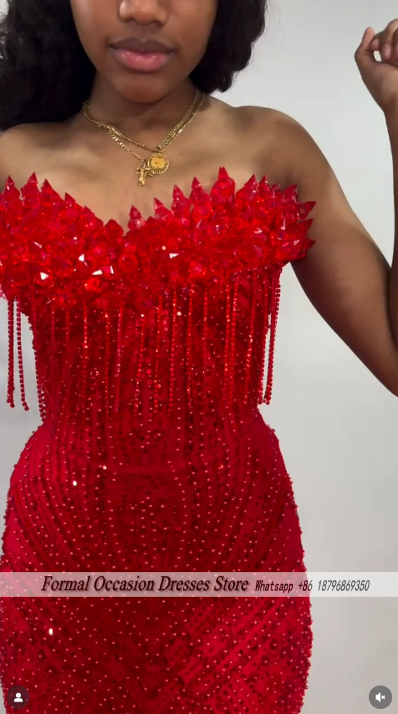 Luxury Red Prom Dresses With Veil 2026 Sequin Beading Black Girls Evening Dress 2025 Sleeveless Birthday Party Gowns Customized image 4
