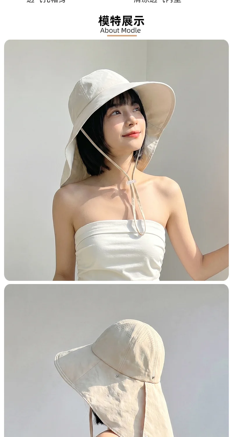 HOT Damen-Sonnenhut, schnelltrocknend, UV-Schutz, Fischerhut, breite Krempe, Bucket Hat mit Nackenschutz, Wanderhut, Sonnenschutzkappe – Detail 8