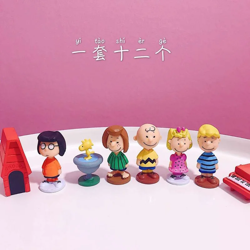 12PCS Japan Cartoon Peanuts Snoopy Charlie Sally Woodstock Mini Figure Model Toys Miniature Cake People Collection Props