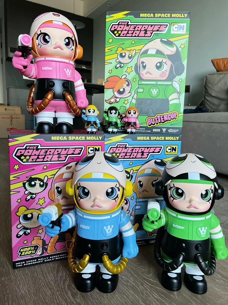 Popmart mega espaço molly 400% + 100% a série powerpuff meninas buttercup bolhas e flor kawaii anime figura bonecas crianças presente