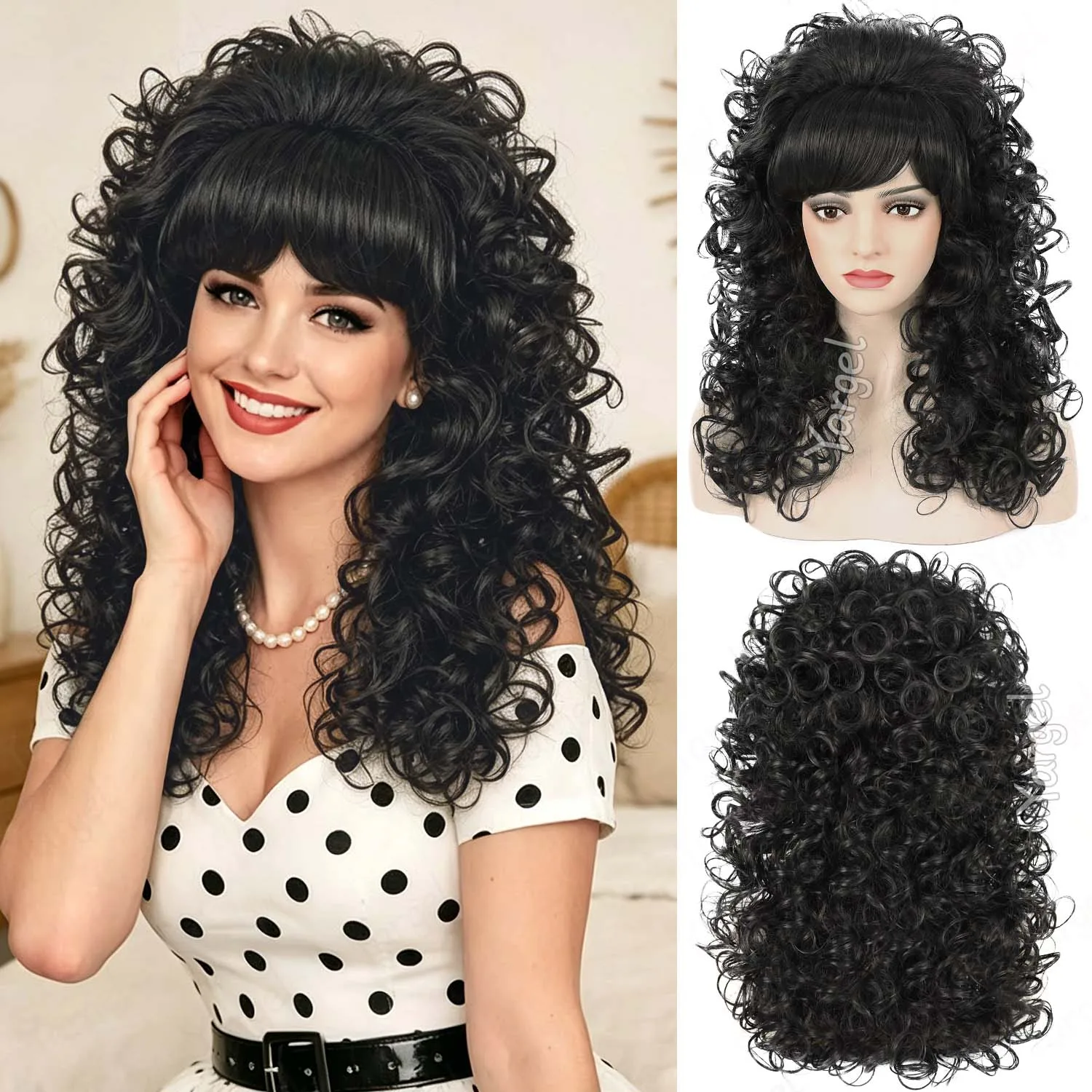 Peluca Larga Rizada Sintética con Flequillo para Mujer, Estilo Retro Años 60, 70 y 80, Peluca de Cola de Abeja Grande para Halloween, Cosplay y Fiestas, Peluca Dolly