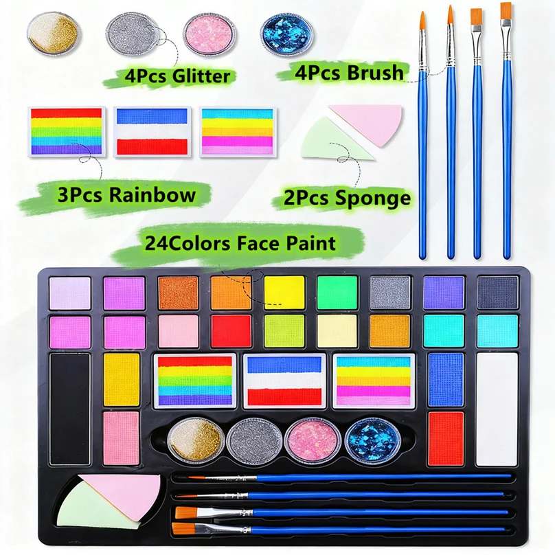 페이스 페인트 안료 키트 바디 페인팅 수용성 레인보우 팔레트 브러쉬 포함 성인용 할로윈 코스프레 파티 아트 메이크업