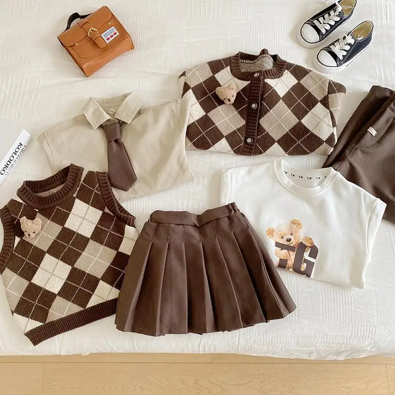 2024 Spring Autumn Infant Sibling Look Clothes Sets Knitted Plaid Vest Cardigan Cotton Undershirt Kid Girl Suit Solid Skirt Pant