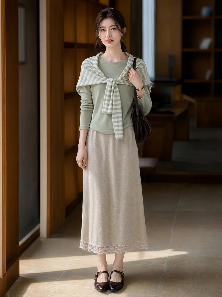 French Gray Knit Midi Skirt For Women Elastic High Waist Lace Hem Straight Long Skirt Harajuku Elegant  Autumn Commuter Bottom