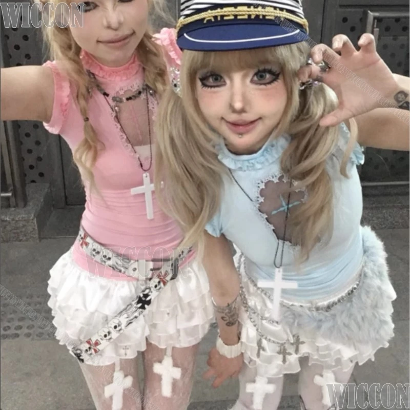 

Jirai Kei наряд для девочек, повседневный костюм, косплей, ярко-синяя розовая одежда, готическая крестообразная перфорированная футболка, белая юбка-тортик, Хэллоуин