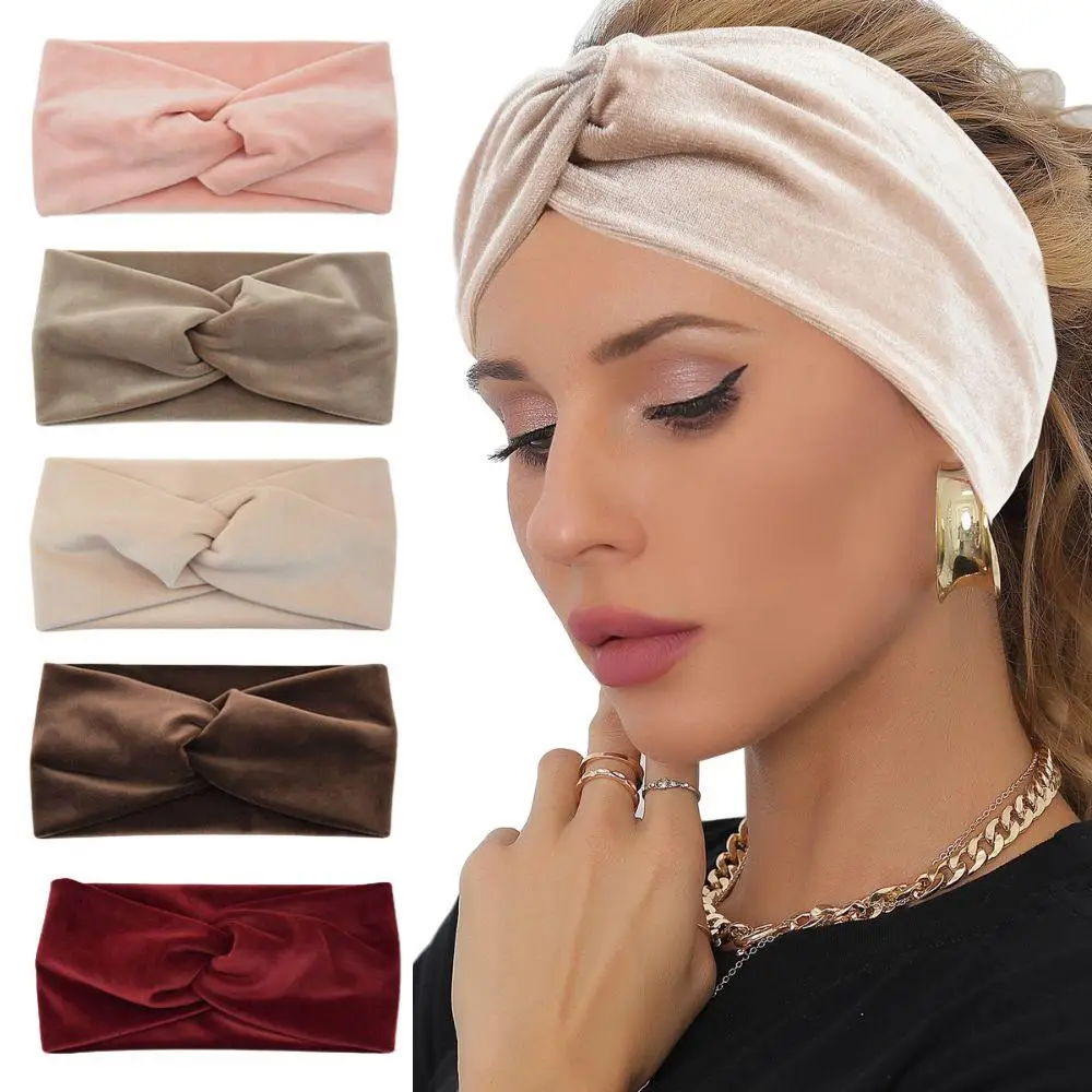 Retro Elastic Golden Velvet Cross Headband For Women Girl Sports Yoga Sweatwicking Hair Accessories Hairband Wide Solid Headband