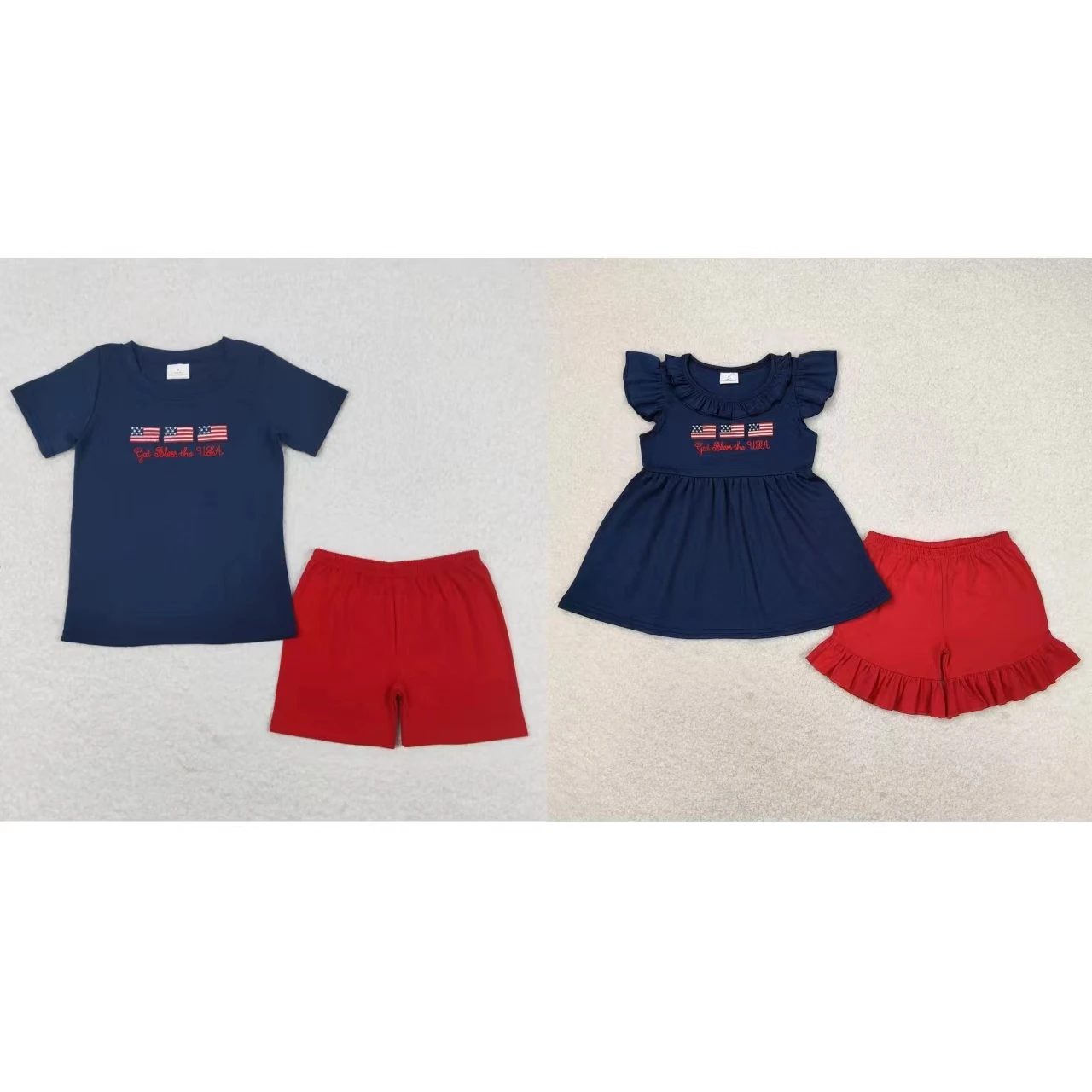 

Wholesale Kids Summer Embroidery Flags Shirt Tops Toddler Set Children Red Cotton Shorts Matching Baby Boy Girl July 4th Outfit