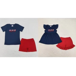 Wholesale Kids Summer Embroidery Flags Shirt Toddler Set Children Red Cotton Shorts Matching Baby Boy Girl July 4th Outfit